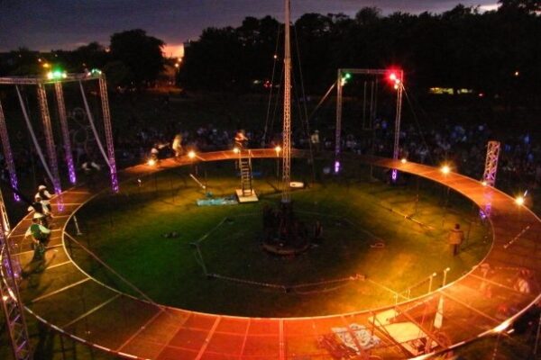 A night time image of a stadium from above.