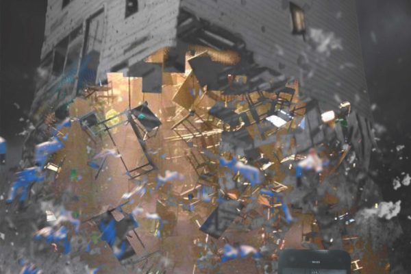 An image of a person holding up an ipad depicting an image of a house falling apart from underneath. The image is being projected onto a screen above a crowd.