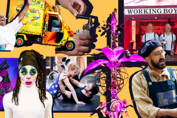 A yellow banner with a collage of various different works from the Without Walls programme from dance, to puppets, to illustration.