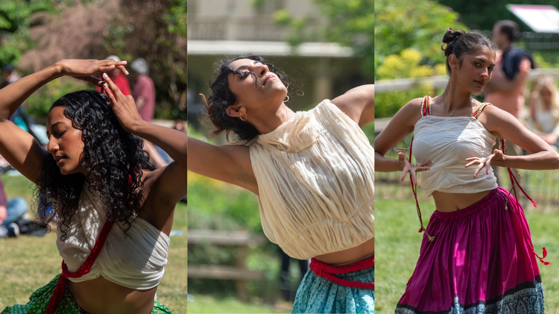 A triptych image of three female Indian dancers