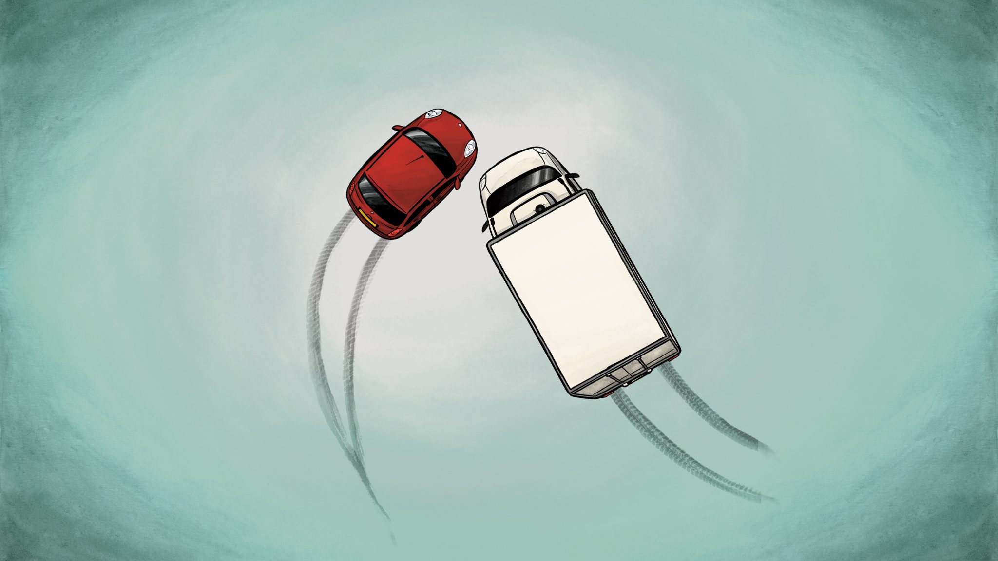 A graphic image of a red car and white van from above