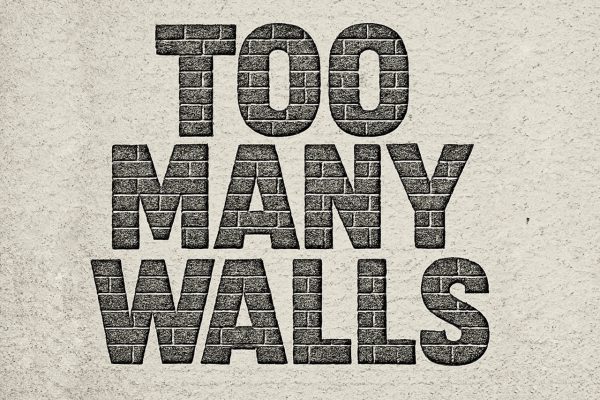 Dark grey text 'Too Many Walls' against a light grey background.