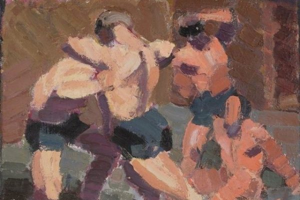 A decorative image of four male dancers intertwining.