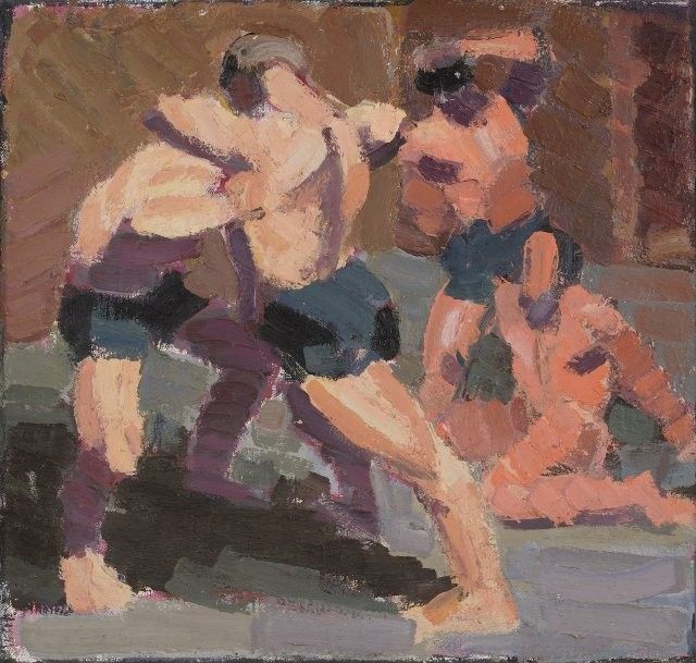 An decorative image of four male dancers intertwining.