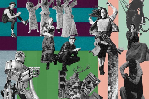 A graphic collage image of a group of performers against a striped background.