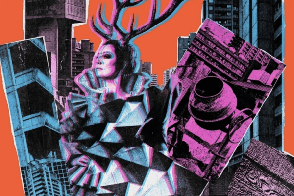 A decorative collage image of various objects and buildings overlayed one another against a red background.