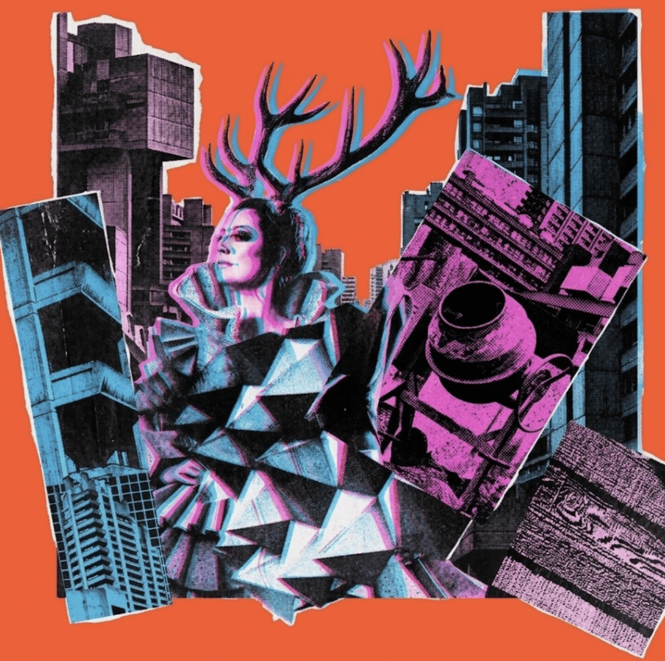 A decorative collage image of various objects and buildings overlayed one another against a red background.